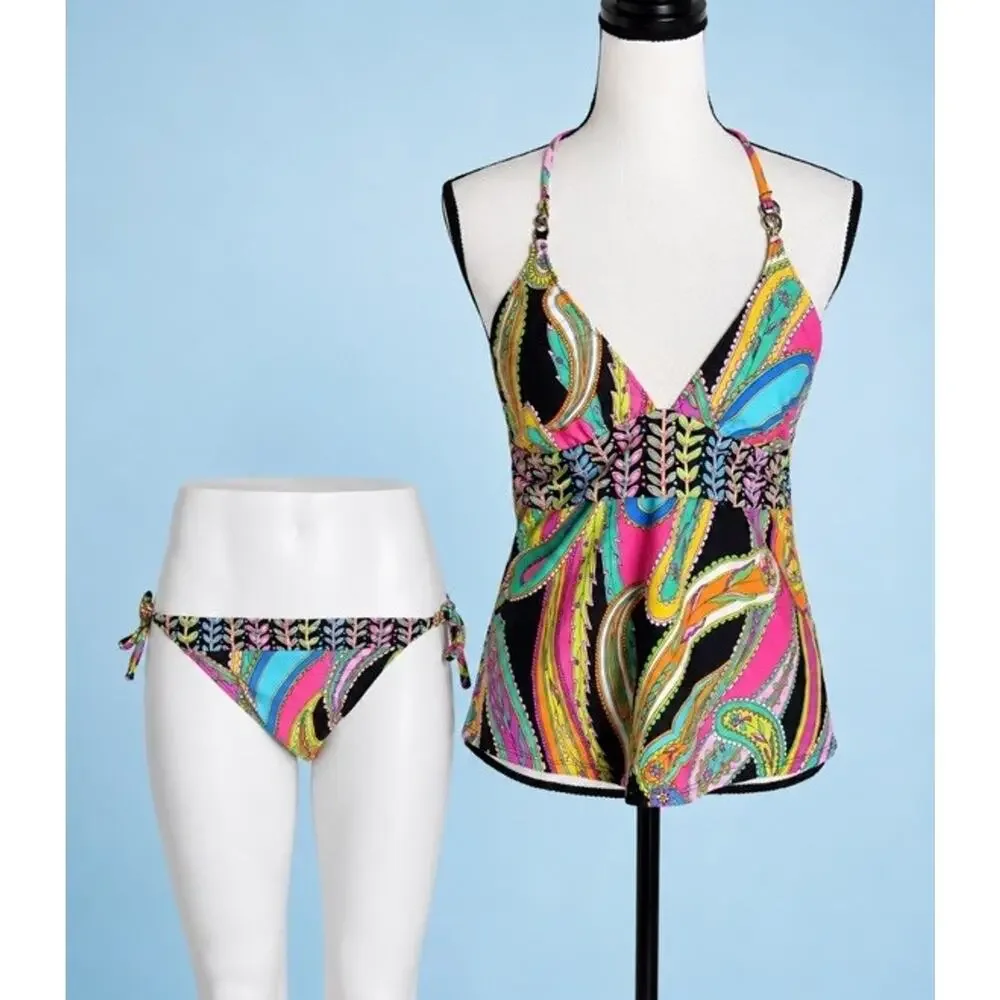 Trina Turk Tankini Sea Garden Paisley Black Multi String Bikini Bottom Sz 12 EUC - Picture 2 of 11